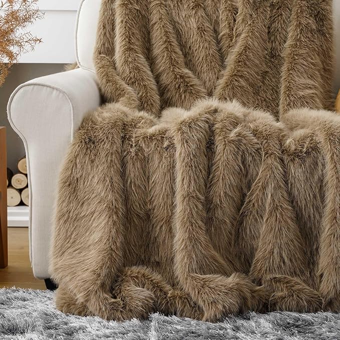 BATTILO HOME Luxury Tan Fluffy Faux Fur Throw Blanket, Cozy Warm Large Fur Blanket for Couch, Sofa, Chair, Bed, Plush Fuzzy Fur Throws with Long Pile, 60"x80"(Khaki)