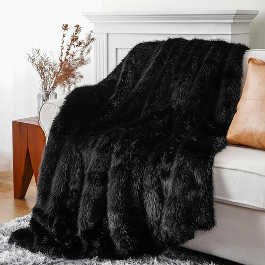 BATTILO HOME Luxury Black Faux Fur Throw Blanket, Large Cozy Warm Fluffy Fur Blanket for Bed,Couch, Sofa, Chair, Black Fur Throws with Long Pile, 60"x80"