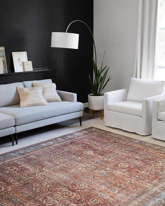 Loloi Layla Collection LAY-01 Brick/Blue 2'-3" x 3'-9" .13" Thick Accent Rug, Soft, Durable, Vintage Inspired, Distressed, Low Pile, Non-Shedding, Easy Clean, Printed, Living Room Rug