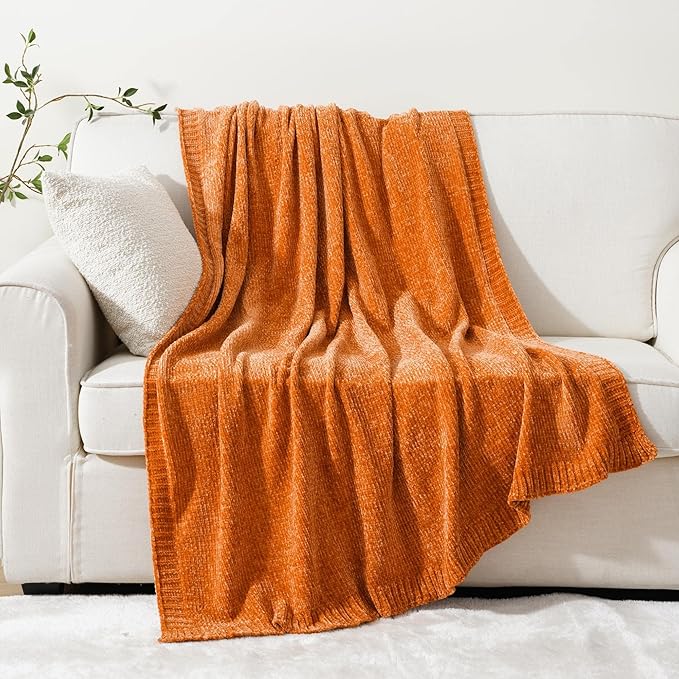 BATTILO HOME Orange Chenille Throw Blanket for Fall Decor, Fall Knit Throw Blankets, Soft Cozy Pumpkin Color Throw Blankets for All Seasons, 51"x67"