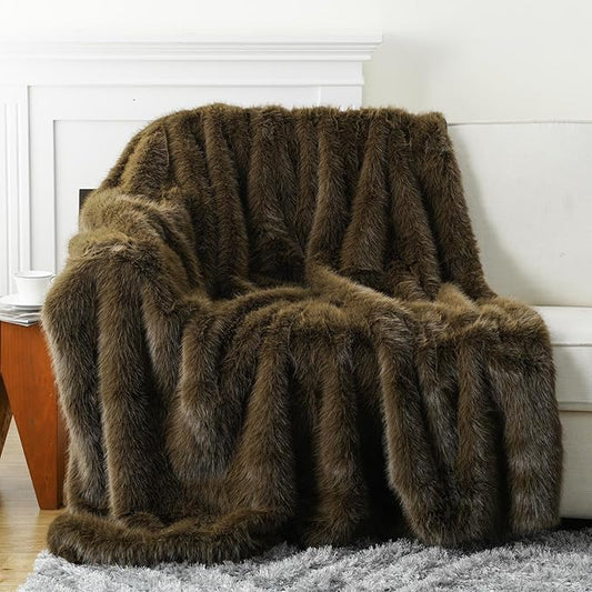 BATTILO HOME Luxury Fluffy Olive Green Faux Fur Throw Blanket, Cozy Warm Fur Blanket for Couch, Sofa, Chair, Bed, Plush Fuzzy Fur Throws with Long Pile, 60"x80"