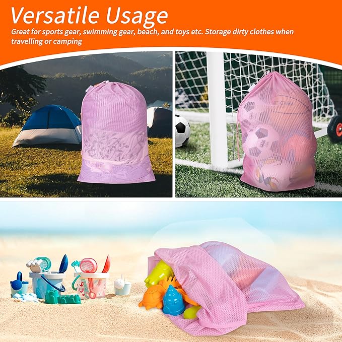 Polecasa Heavy Duty Large Mesh Laundry Bags with ID Tag and Locking Drawstring Closure - 2 Pack, 24 x 36 inches - Laundry Hamper Liner, Washable Laundry Bag for Travel, Sports, Dorms (Pink)