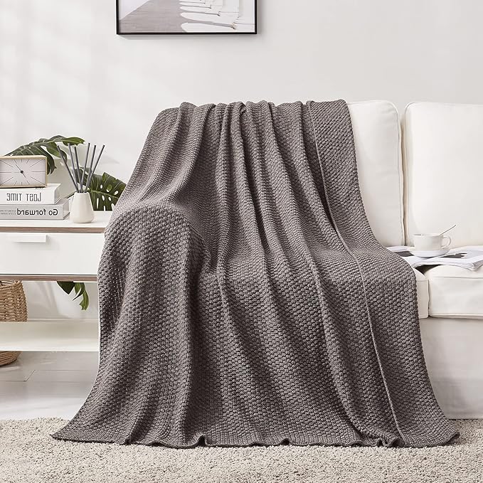 Longhui bedding Grey Knitted Throw Blanket for Couch, Soft, Cozy Machine Washable 100% Cotton Sofa Knit Blankets, Heavy 3.0lb Weight, 51 x 63 Inches, Gray and White Color,Laundry Bag Included