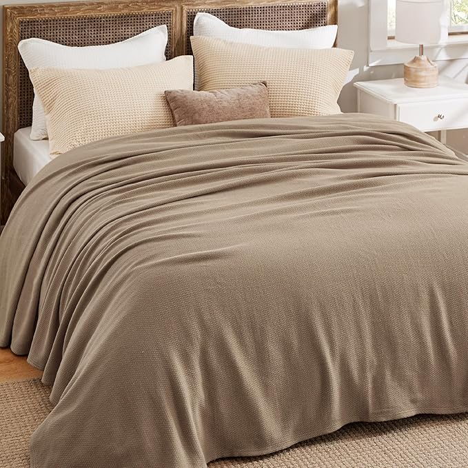Bedsure GentleSoft 100% Cotton Blanket King Size for Bed - Breathable and Lightweight, Soft Cozy Textured Herringbone Woven Blanket for Summer, Tan, 108x90 inches