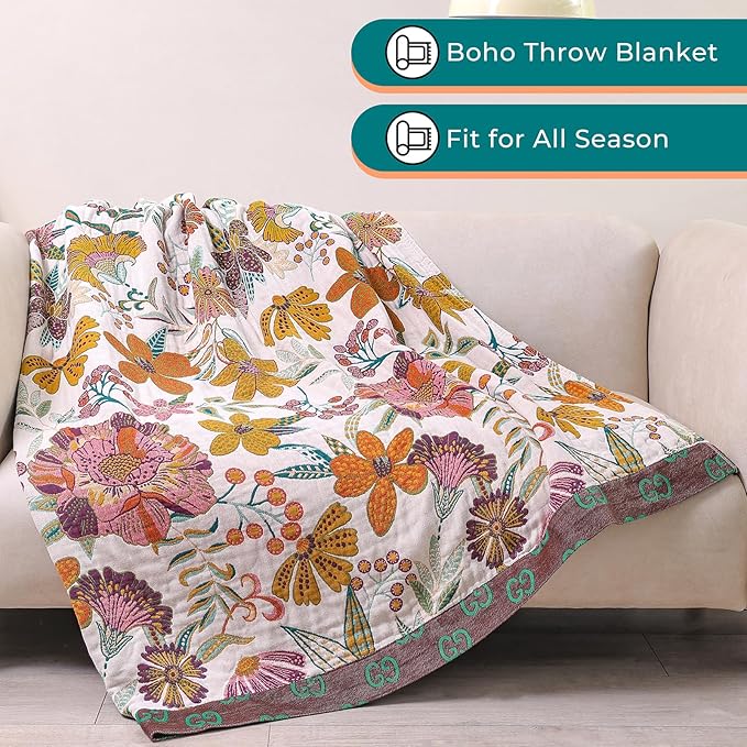 STASOPTK Boho Rustic Throw Blanket,100% Cotton Soft Vintage Bed Throw Blankets Floral Farmhouse Decor Throws,Reversible Throw for Sofa Couch, 60"×80" for All Seasons -White