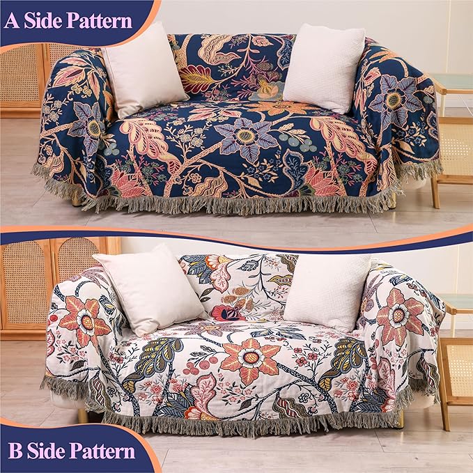 Boho Large Throw Blanket for Bed -100% Cotton Colorful Bed Throw, Ultra Soft Farmhouse Decor Bedding,80" x 90" Travel Blanket Rustic Throw for Picnic Sofa Couch Chair White&Blue