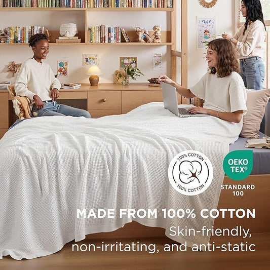 Bedsure Gentlesoft 100% Cotton Blanket Twin XL Size for College Dorm - Breathable and Soft for Spring Summer, Waffle Weave Twin Blanket for Bed, Dorm Room Essentials, White, 66x90 inches