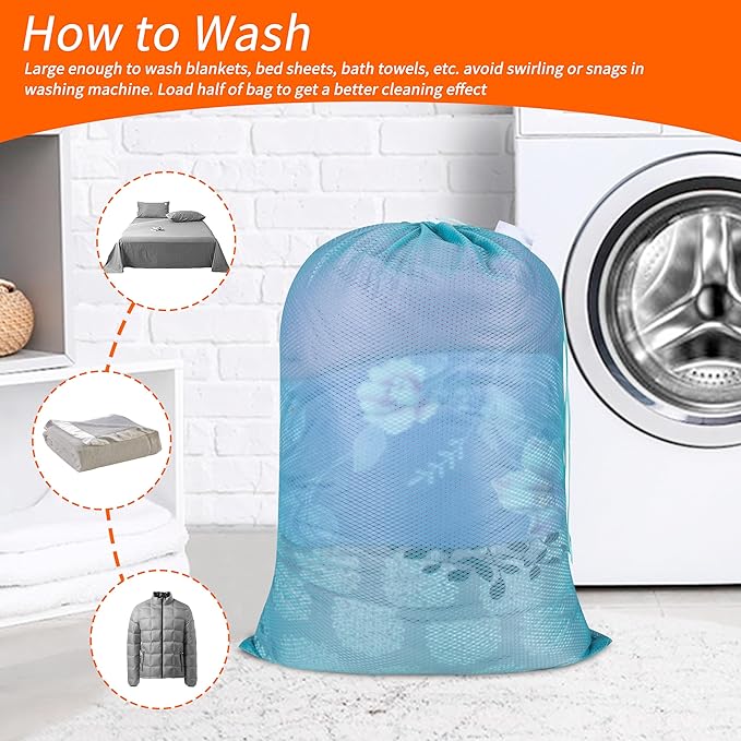 Polecasa Heavy Duty Diamond Large Mesh Laundry Bag with ID Tag and Locking Drawstring Closure - 24 x 36 inches - Laundry Hamper Liner, Washable Laundry Bags for Travel, Sports, Dorms (Aqua)