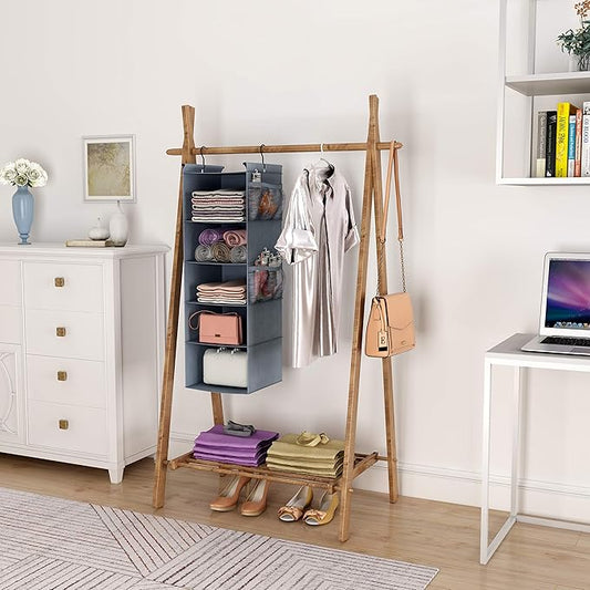 MAX Houser 5 Shelf Hanging Closet Organizer, Space Saver, Cloth Hanging Shelves with 4 Side Pockets, Foldable, Grey