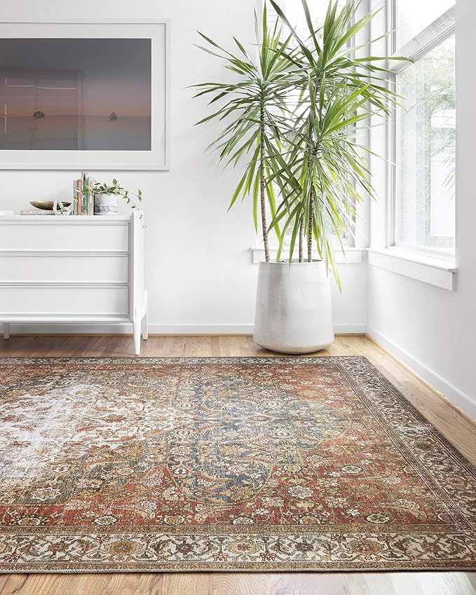 Loloi Layla Collection LAY-05 Ocean/Multi 7'-6" x 9'-6" .13" Thick Area Rug, Soft, Durable, Vintage Inspired, Distressed, Low Pile, Non-Shedding, Easy Clean, Printed, Living Room Rug
