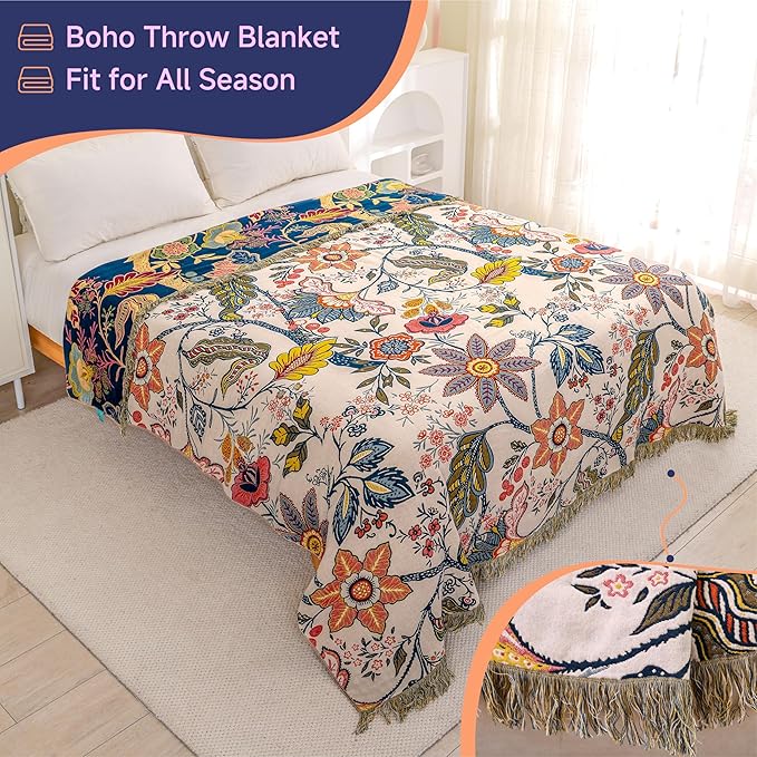 STASOPTK Boho Cotton Throw Blanket - Ultra-Soft Rustic Quilt for Bed, Home Decor & Travel - Large 90"x98" Muslin Blanket - All-Season Lightweight Bedspread & Throw for Women & Moms