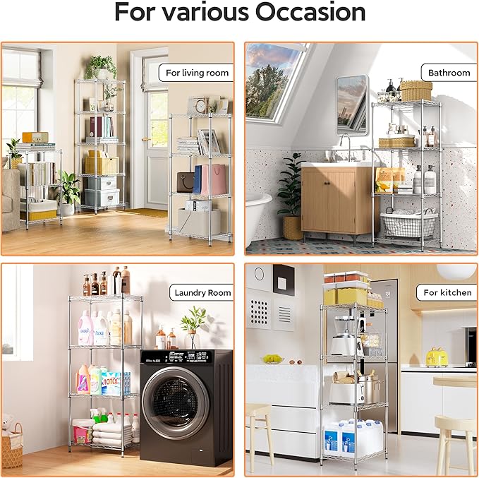 M MZG 4 Tiers Shelf Metal Storage Shelves Wire Rack Closet Organizers with Wheel for Garage Kitchen Bathroom Laundry Chrome 11.8" D x 17.7" W x 41.9" H