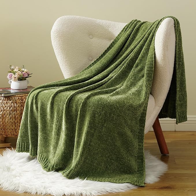 BATTILO HOME Chenille Knitted Throw Blanket for Couch, Spring Summer Green Throw Blanket for Home Decor, Decorative Cozy Soft Moss Green Blankets for Bed Sofa Couch Living Room, 51"x67"