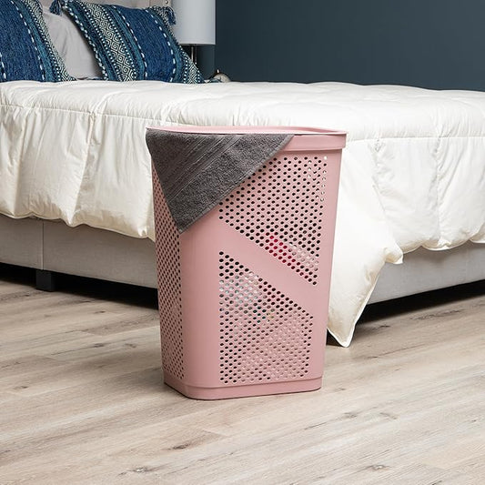Mind Reader Slim Laundry Hamper with Lid, 60L Clothes Basket, Ventilated Plastic, Pink