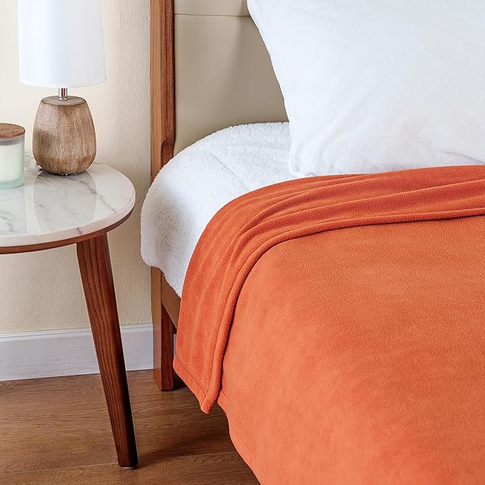 Berkshire Blanket Microfleece Queen Size Bed Blanket Amberglow Orange, Lightweight Soft Breathable Plush Micro Fleece Blanket for Bed Couch Sofa, 90x90 Inches
