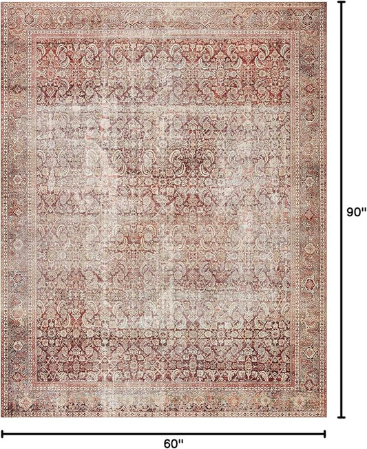 Loloi Layla Collection LAY-11 Cinnamon/Sage 5'-0" x 7'-6" .13" Thick Area Rug, Soft, Durable, Vintage Inspired, Distressed, Low Pile, Non-Shedding, Easy Clean, Printed, Living Room Rug