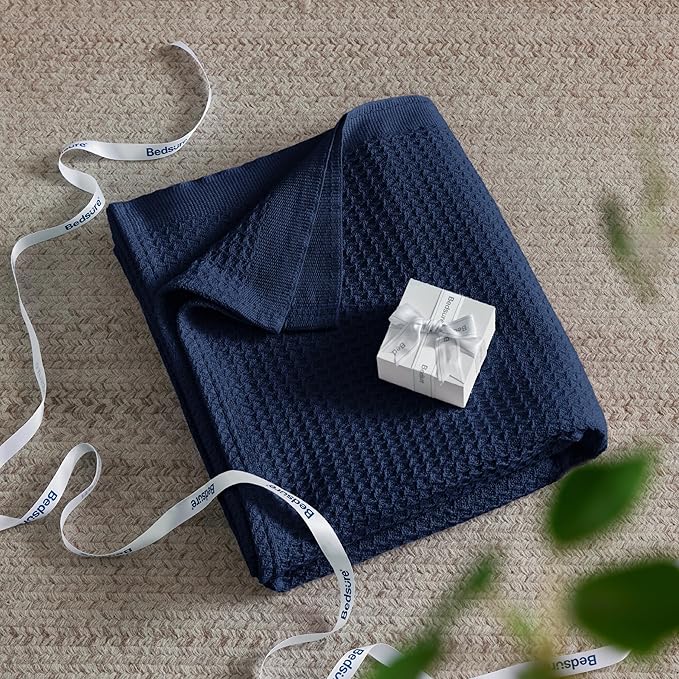 Bedsure Gentlesoft 100% Cotton Blanket King Size for Bed - Breathable and Soft for Spring Summer, Thick Cozy Waffle Weave Blanket Gifts for Women, Pageant Blue, 104x90 inches