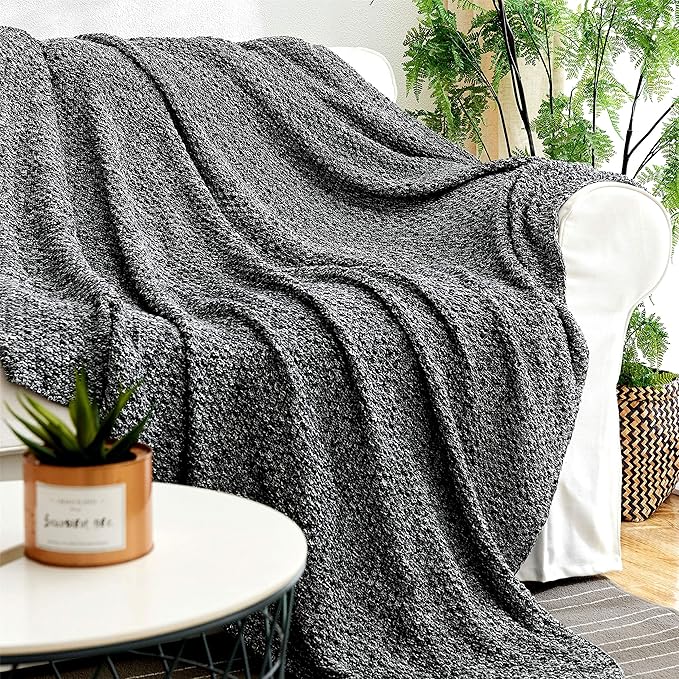 Longhui bedding Black Knitted Throw Blanket for Couch, Soft, Cozy Machine Washable 100% Cotton Sofa Blanket, Heavy 2.5lb Weight, Laundry Bag Included, Black and White