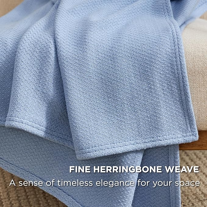 Bedsure GentleSoft 100% Cotton Blanket King Size for Bed - Breathable and Lightweight, Soft Cozy Textured Herringbone Woven Blanket for Summer, Ashley Blue, 108x90 inches