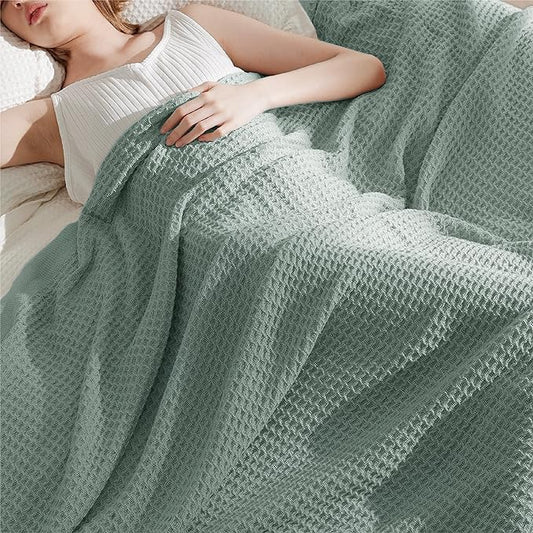 Bedsure Gentlesoft 100% Cotton Blanket Twin XL Size for College Dorm - Breathable and Soft for Spring Summer, Waffle Weave Twin Blanket for Bed, Dorm Room Essentials, Sage Green, 66x90 inches