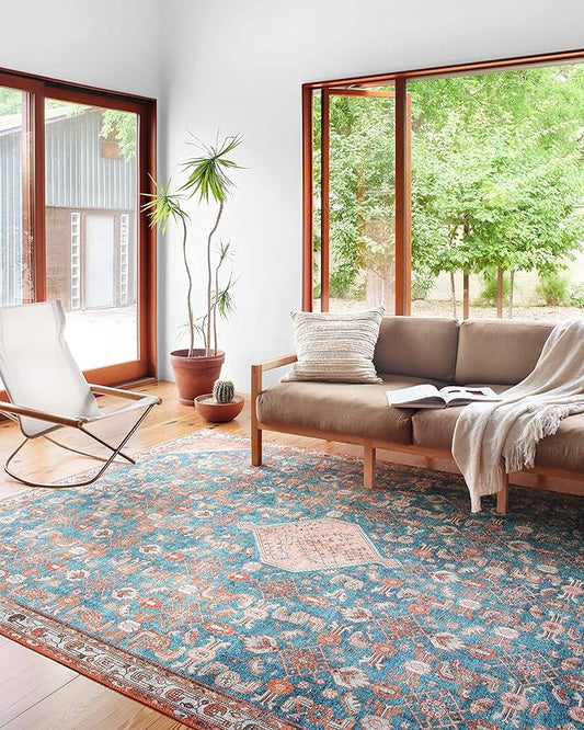 Loloi Layla Collection LAY-10 Marine/Clay 7'-6" x 9'-6" .13" Thick Area Rug, Soft, Durable, Vintage Inspired, Distressed, Low Pile, Non-Shedding, Easy Clean, Printed, Living Room Rug